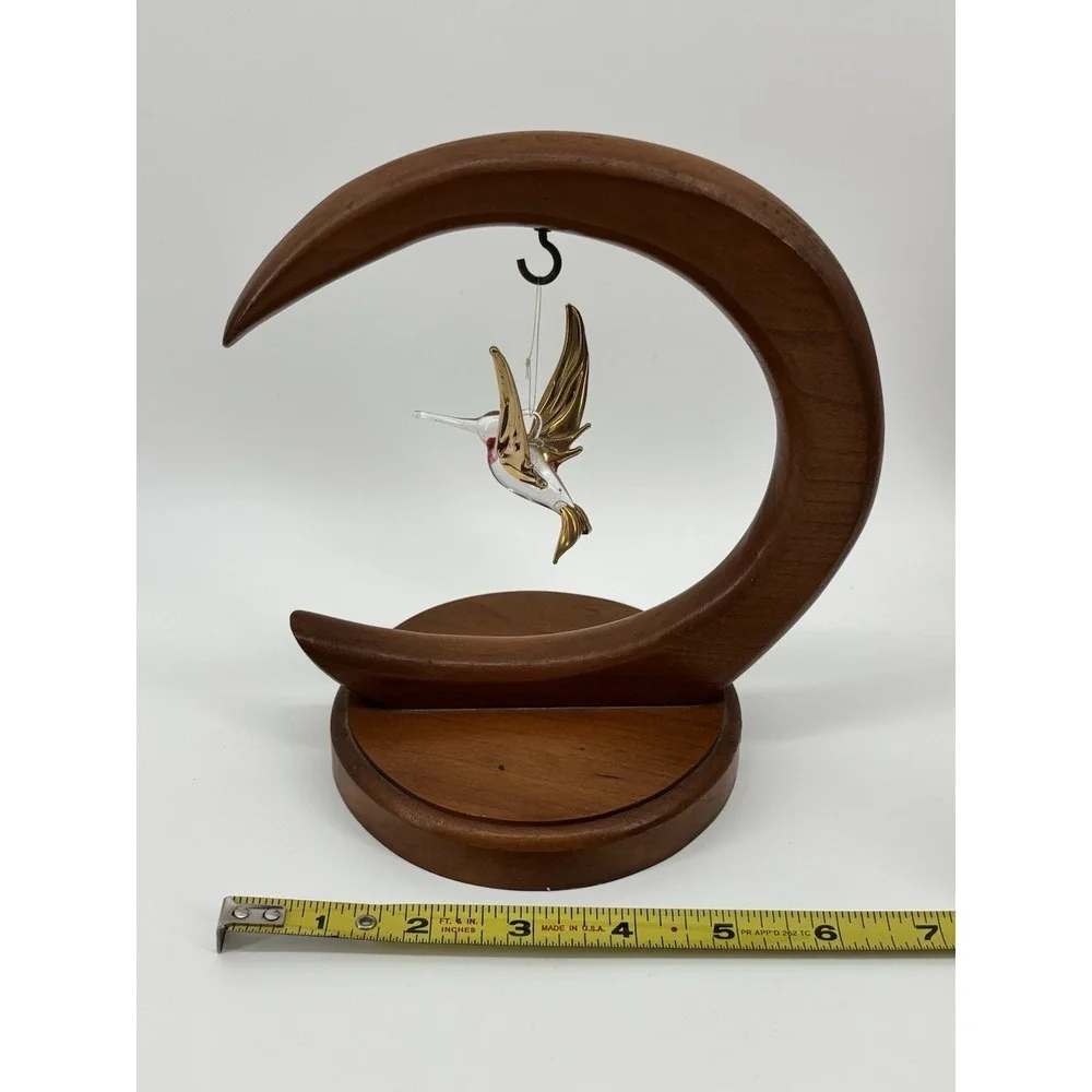 Vtg Wood Crescent Stand With Glass Hummingbird Moon Ornament Display‎ Holder 7